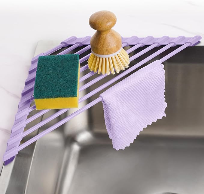 Tomorotec Triangle Roll Up Dish Drying Rack with Silicone Coating, Purple | 304 Stainless Steel with BPA-Free Silicone, Triangle Design Maximizes Sink Corner Space, Fits Compact Kitchens And RVs