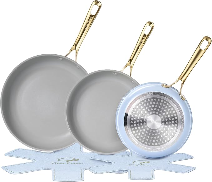 Ceramic Frying Pan with Stainless Steel handle 5Pcs Set, Non Stick Grill Pan Set, Dishwasher and Oven Safe, Light Blue and Granite Grey