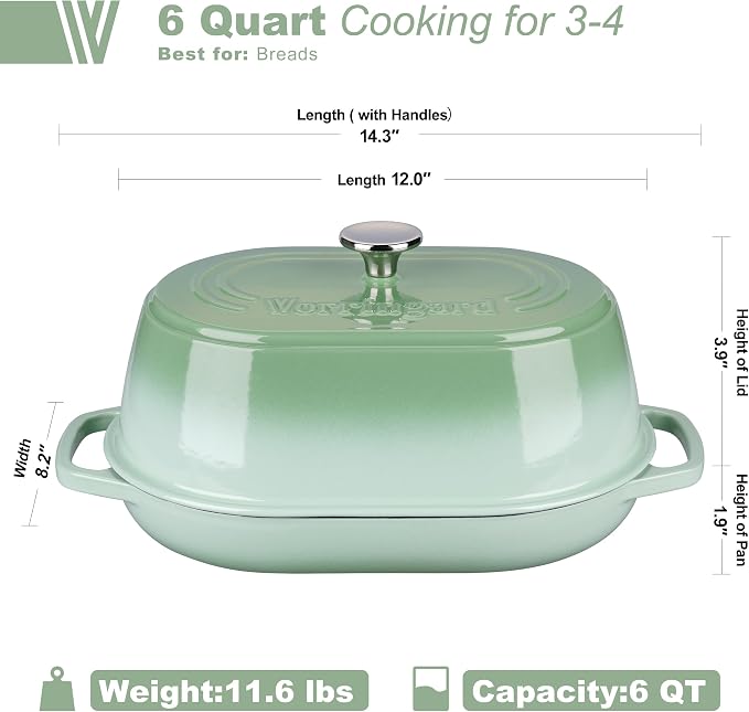 Enameled Cast Iron Dutch Oven Pot with Dome Lid, Oval Bread Oven for Homemade Sourdough Bread Baking, Oven Safe up to 500°F, 6 Quart, Green