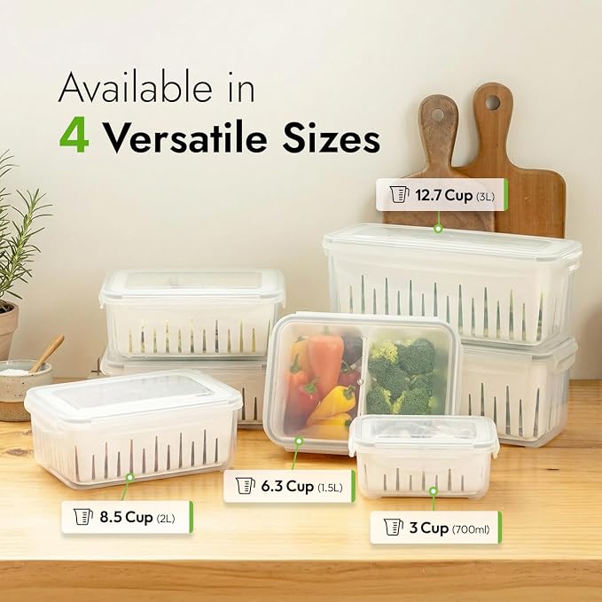 12.7 Cup Produce Saver Container for Fridge with Colander - 3.0L | Airtight Fruit & Vegetable Storage Bin, Removable Strainer Basket, BPA-Free, Stackable, White Colander