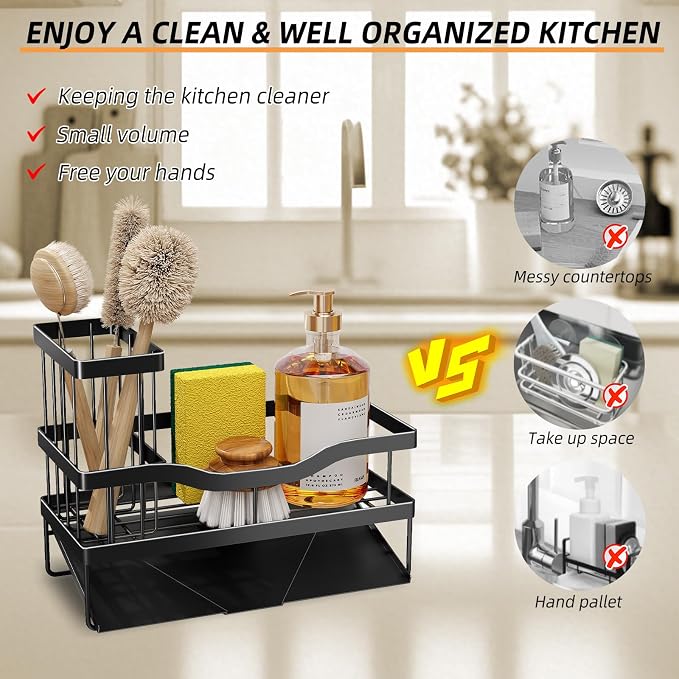 Sponge Holder for Kitchen Sink, Mecyfaty Sink Caddy with Self Drain Tray, Kitchen Sink Organizer, Stainless Steel Countertop Sink Sponge Holder for Dish Soap Kitchen Organizers and Storage Accessories