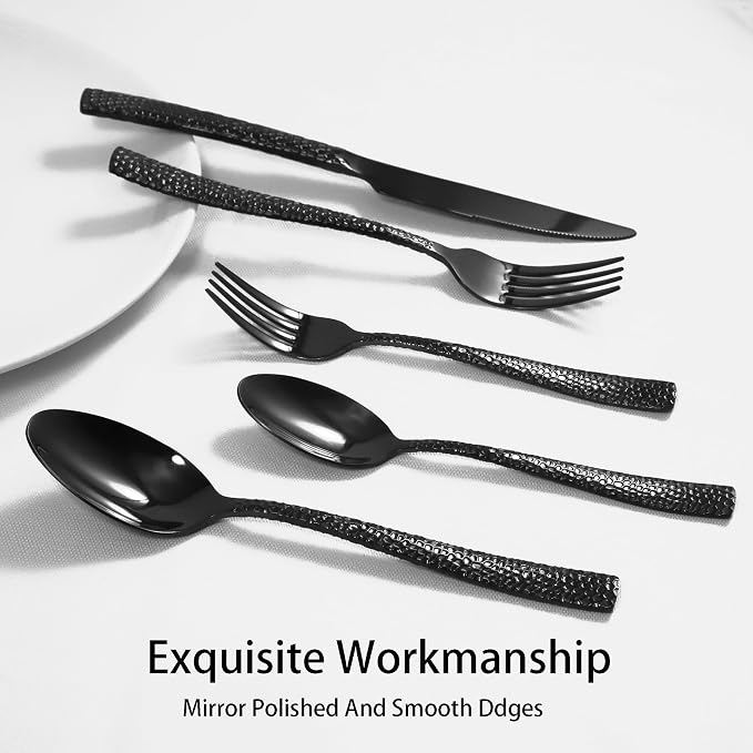 Black Hammered Silverware Set, 40 Piece Stainless Steel Flatware Set for 8, Food-Grade Tableware Cutlery Set for Home Restaurant, Mirror Polished, Dishwasher Safe