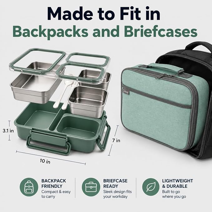 kinsho BIG Bento Lunch Box & Bag, Stainless Steel - Adults Teens Kids Green | Holds 5 Cups in 3 Removable Metal Containers, Silicone Seals, Bonus Lids, Insulated, Utensils, Leakproof for Work School Food