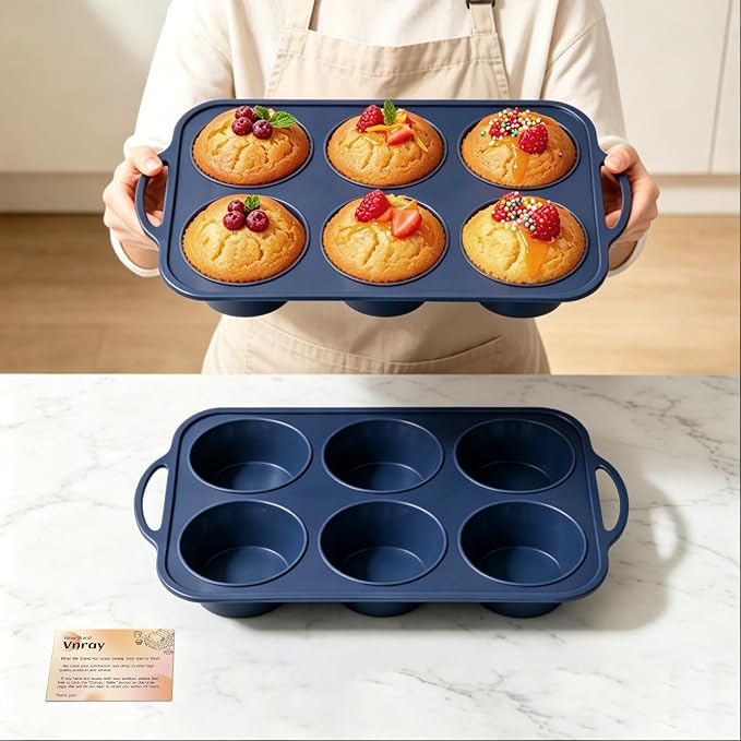 2 Pcs Jumbo Silicone Muffin Pan with Frame Nonstick Cupcake Tin Baking Mold | Silicone Cupcake Pan with Handles 6 Cup, BPA Free Silicon Muffin Tin Tray Extra Large for Baking Egg Bites Mold Vnray Grey