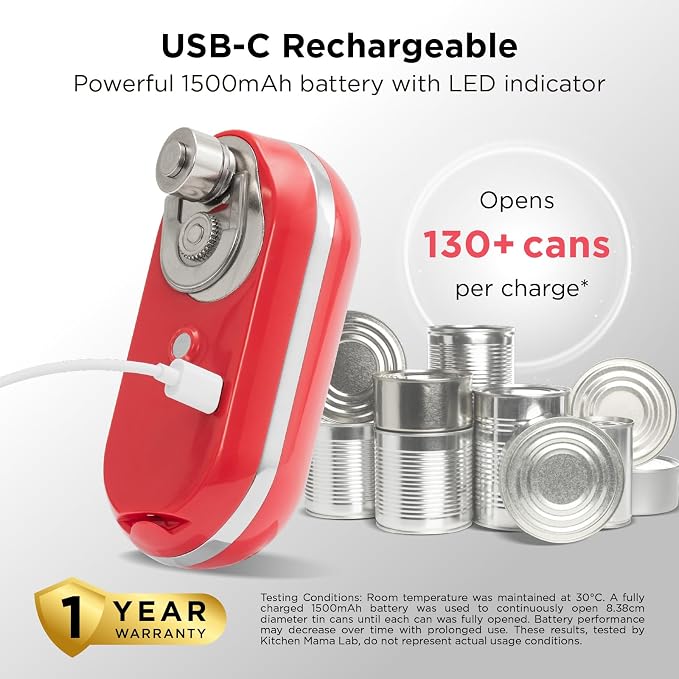 Kitchen Mama Mini Plus Rechargeable Electric Can Opener, Red | USB-C Charging, Hands-Free Auto Stop, Cordless Smooth Edge, Compact for Travel, Perfect for Seniors with Arthritis