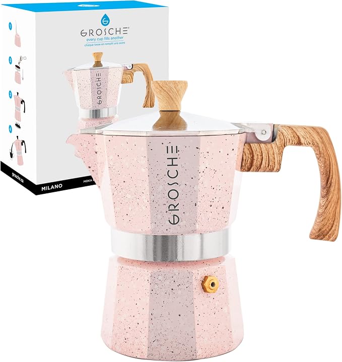 GROSCHE Milano Moka pot, Stovetop Espresso maker, Greca Coffee Maker, Stovetop coffee maker and espresso maker percolator (Pink, 3 cup) | Cuban Coffee Maker And Italian Moka Pot For Stovetop Espresso; For Gas, Electric, And Propane Stoves With A Soft-T...