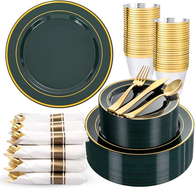 350PCS Green and Gold Plates - Green Plastic Plates 50Guests Plastic Plate with Rolled Napkins for Party/Birthday/Wedding