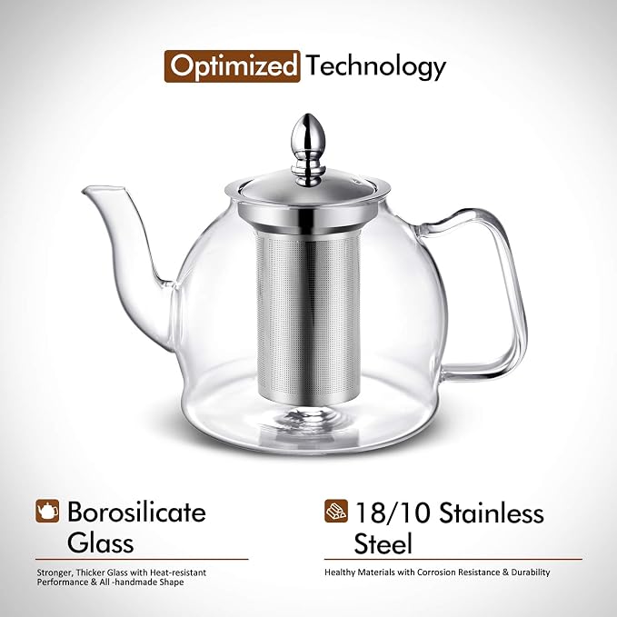 HIWARE 1000ml Glass Teapot with Removable Infuser, Stovetop Safe Tea Kettle, Blooming and Loose Leaf Tea Maker Set