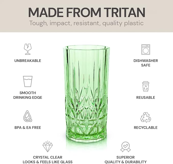 BELLAFORTE Shatterproof Tritan Tall Tumbler, Set of 4, 18oz - Myrtle Beach Drinking Glasses - Unbreakable Plastic Drinking Glasses for Gifting, Parties, New Year - BPA Free - Dishwasher Safe - Green