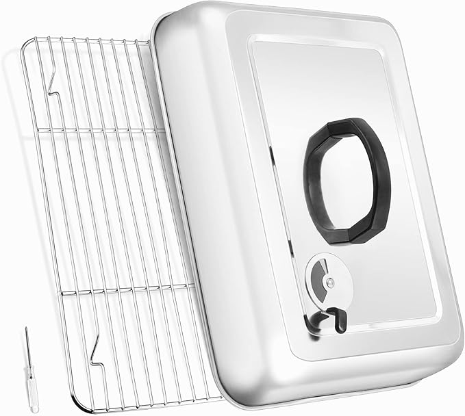 Leonyo 13" Rectangular Basting Cover with 11"x 9" Cooling Rack, Cheese Melting Dome & Wire Rack for Baking, Griddle Accessories with Steam Dome Lids for Oven, BBQ Flat Top Grill Cooking