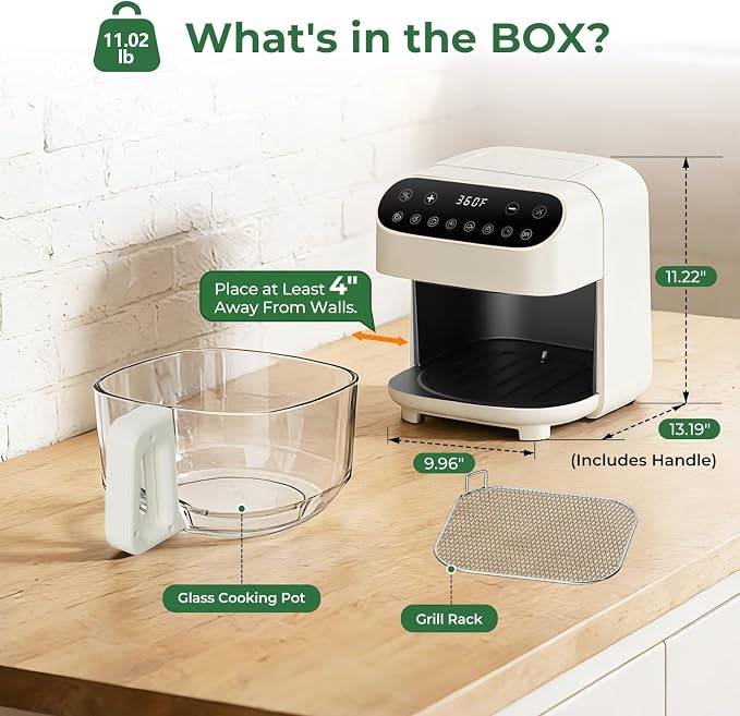 5 QT Glass Air Fryer, Non Toxic Airfryer with Digital Touch Control | 8 Preset Modes, PTFE/PFAS Free, BPA-Free, Uncoated High Borosilicate Glass Basket, Dishwasher Safe, White