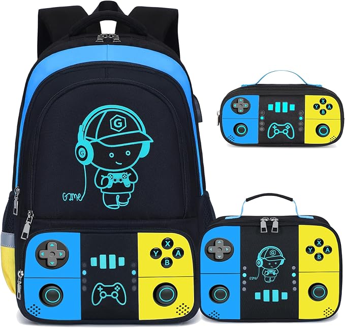 Backpack for School Boys, Cool Luminous Gamer Boys Schoolbag | with Lunch Box & Pencil Case Set for Kids Teens Elementary Middle School, Bookbag Glow In The Dark