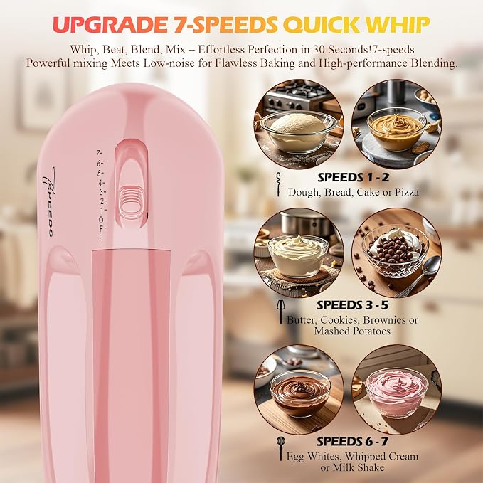 WADODO 7-Speed Electric Hand Mixer – Portable Food Mixer Kitchen Mixer with 304 *(1x Whisk, 2x Beater, 2x Dough hook) for Baking Cakes, Cream, Cookies, PINK