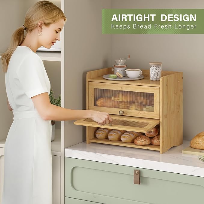 Large Vintage Bread Box for Kitchen Countertop Homemade Bread, Bamboo | Farmhouse Wooden Double Layer Breadbox Organizer Bread Holder Storage Container with Window