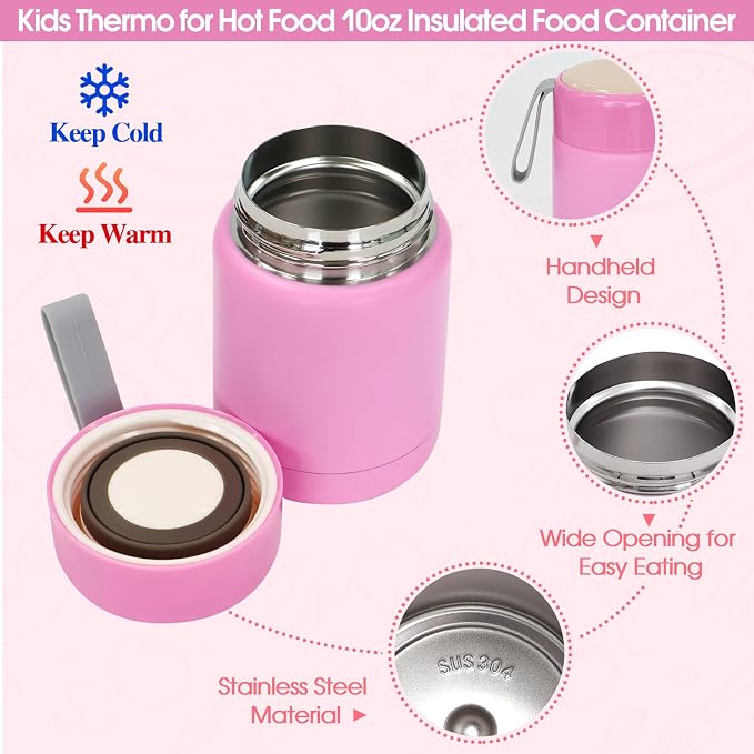 PainZieteg Pink Lunch Box for Girl with 10oz Thermo 6 Compartment Bento Set | Nylon Insulated Lunch Bag with Adjustable Strap, Ideal for Kids and Teens School, Travel and Picnic, Leakproof Thermal Pouch