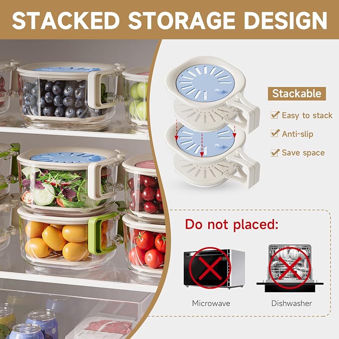 Fruit Vegetable Washing Bowl with Strainer, Multifunctional Produce Washer, Berry Container, Lettuce Keeper for Fridge Refrigerator Organization, Portable Strainers and Colander for Kitchen (Blue)