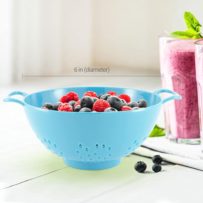 Meadow Lane 6-Inch Small Colander, 3-Cup Food Strainer, Light Blue | BPA-free, dishwasher-safe mini colander has a wide, shallow bowl, 1/8-inch holes, two handles, ring foot and smooth edges.