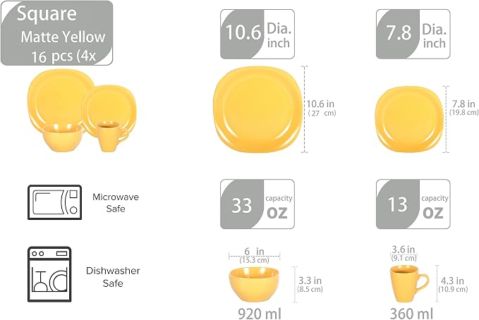 HomeVss, Stoneware Square 16pc Dinnerware Set, Matte Yellow