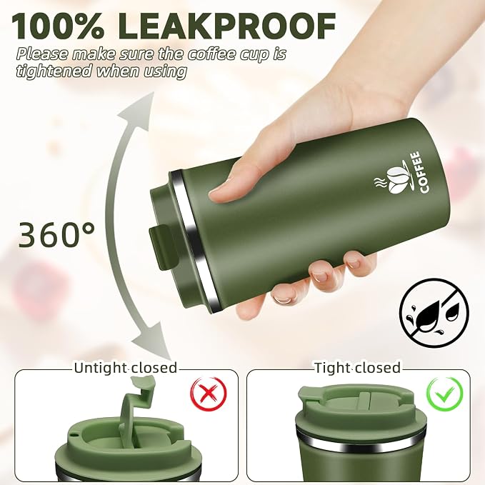 Insulated Travel Coffee Mug Reusable Coffee Tumbler Cup with Flip Lid Leak Proof Spill Proof for Office School Party Camping Hot and Cold Drink,Stainless Steel 17oz (Army Green)