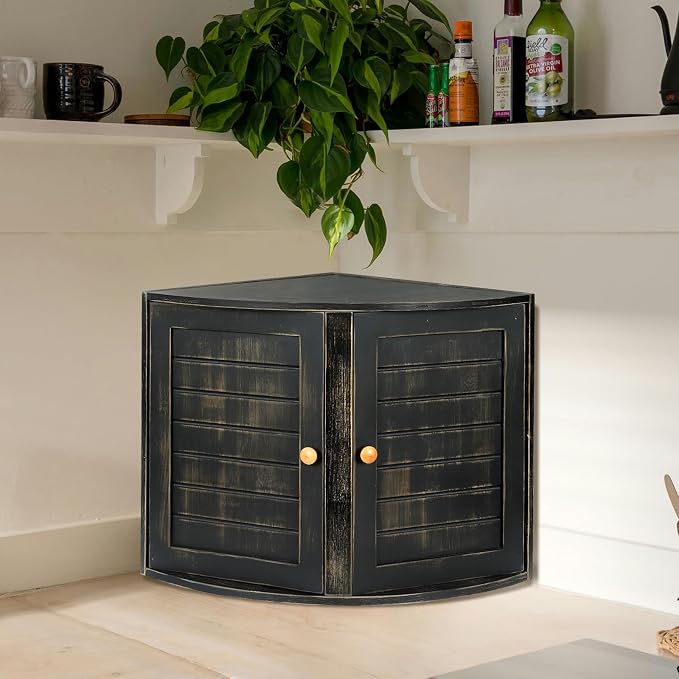 Black Vintage Double Layers Bamboo Corner Bread Box for Kitchen Counter | Retro Farmhouse Style, Holds 2+ Loaves, Right Angle Fits Counter Corners, Breathable Keeps Bread Fresh 3-4 Days