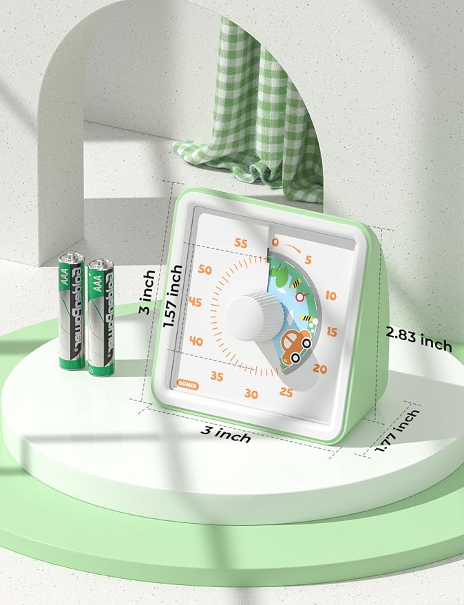 LIORQUE Visual Timer for Kids, 60 Minute Countdown Timer, Light Green | Non-Ticking, 3 Volume Levels with Mute Function, Timer for Kitchen Cooking Classroom ADHD, 2 AAA Batteries Included