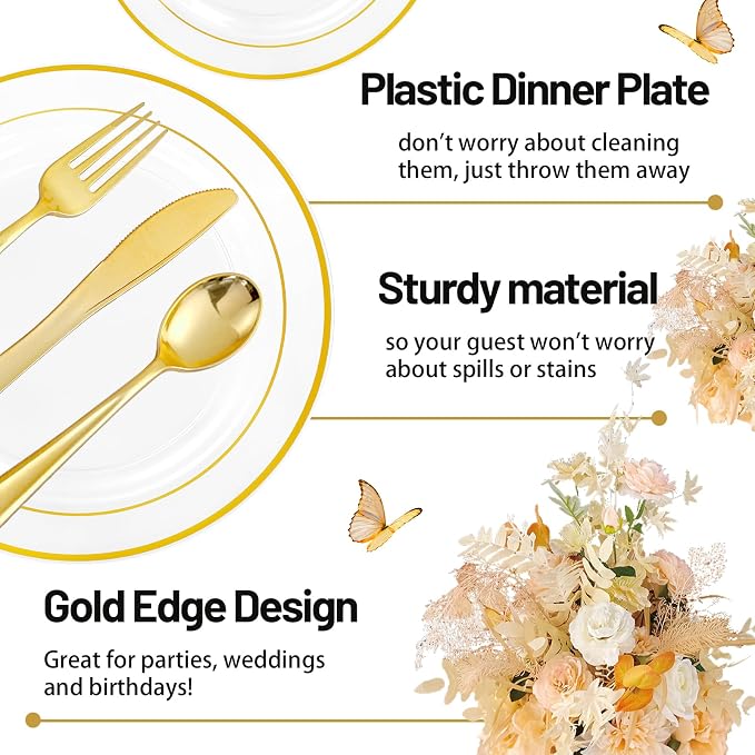 GATHER 350PCS Clear Plastic Plates with Gold Rim for Wedding and Party | Clear and Gold Disposable Dinnerware Sets include 100 Plates, 150 Silverware, 50 Napkins, 50 Cups for Anniversary Birthday