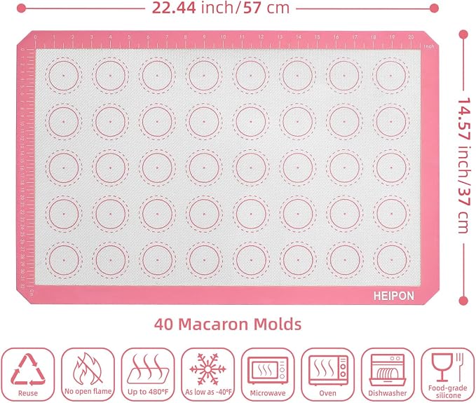 Macaron Silicone Baking Mats,22.44"Lx14.57"W,Pastry Mats Rolling Dough,Non-Stick,40 Macaron Molds,Cookie Sheet Liners,Reusable Baking Mat (2, Pink)