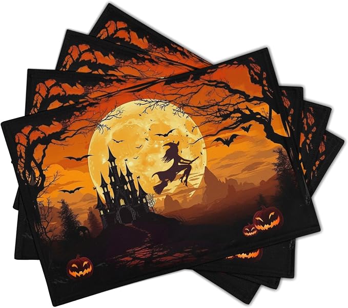 Halloween Witch Placemats Set of 6 18x12 Inch Bat Castle Pumpkin Linen Place Mats Heat-Resistant Washable Wipeable Holiday Table Mat for Party Kitchen Dining Room Dinner Table Decor