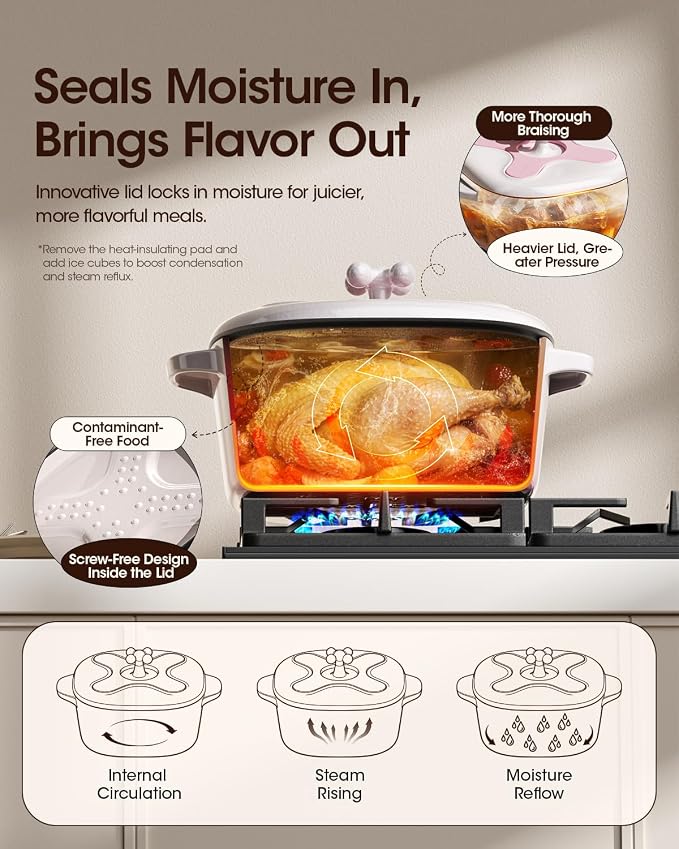 5 Qt Enameled Cast Iron Dutch Oven with Lid, Cream Pink White | 6-Layer Nonstick Enamel, Extra Capacity Oval Design, Heavy Self-Basting Lid, Heat-Resistant Silicone Pad Included