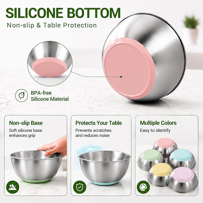 GIUOIDUO Stainless Steel Mixing Bowls Set with Non-Slip Base, Set of 5 | 1.27/ 1.69/ 2.11/ 3.17/ 4.23QT Nesting Bowls, Dishwasher Safe Baking Bowls for Kitchen Baking, Meal Prep and Storage