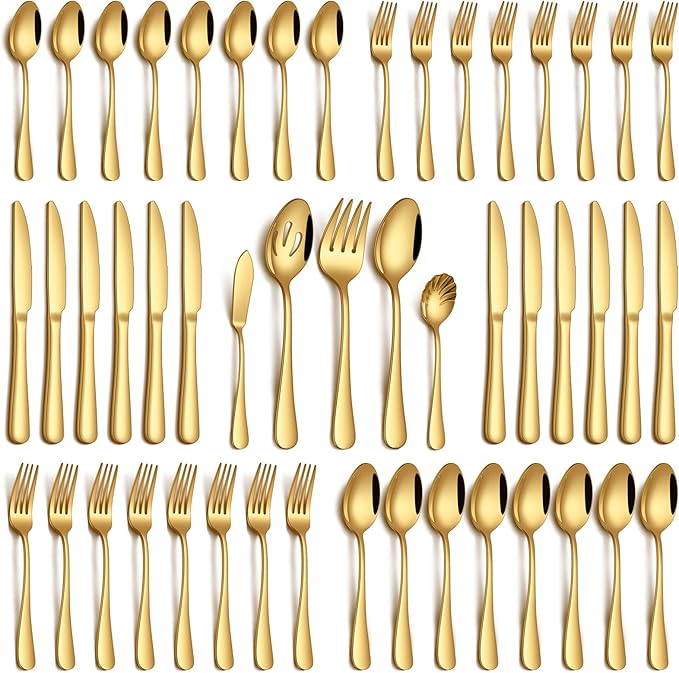 PHILIPALA 45 Piece Gold Silverware Set with Serving Utensils, Stainless Steel Flatware Set for 8 Food Grade Novelty Cutlery Utensil Set Include Knife Fork Spoon Mirror Polished Dishwasher Safe