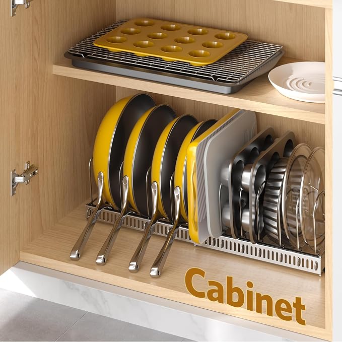 Pots and Pans Organizer under Cabinet, 11.8-22.8" 12 Dividers Silver | Extends 11.8-22.8", Holds pot lids, pans, cookware and bakeware, Adjustable dividers, for under cabinet or countertop