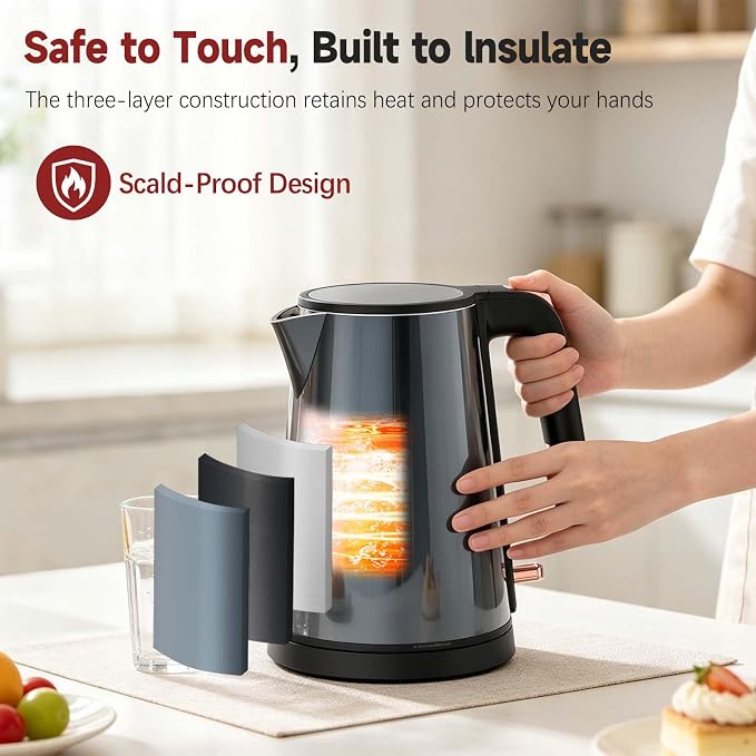 Electric Kettle 1.0L, Triple-Wall Insulated Metal Shell, 1000W | 304 Stainless Steel, BPA-Free, Auto Shut-Off, One-Push Operation, Dry Boil Protection, Fast Boiling for Tea Office Home