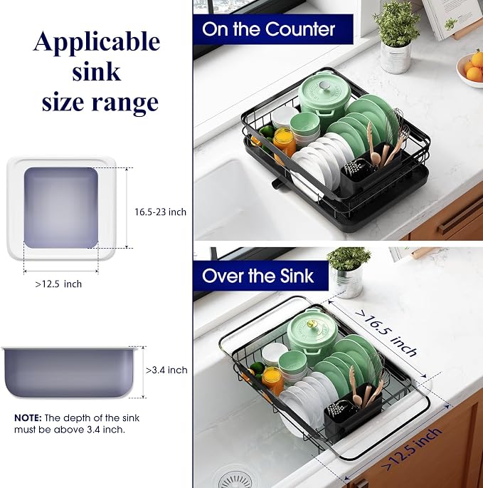 Kitsure Dish Drying Rack for Kitchen Counter, 12.2''W x 15.7''~23''L, Black | Stainless Steel Sink Organization, Cutlery Holder, Home and Appartment Decor