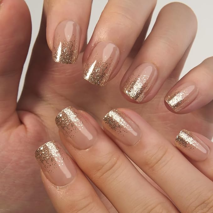 CurvLife Short Square Press On Nails, Fluid Gold,Soft Gel | 32PCS, 16 Sizes, Salon-Quality Natural Fake Nails, Curved Fit, 7-14 Day Glue-On Wear, Reusable Stick-On Nails, Press-On Kit