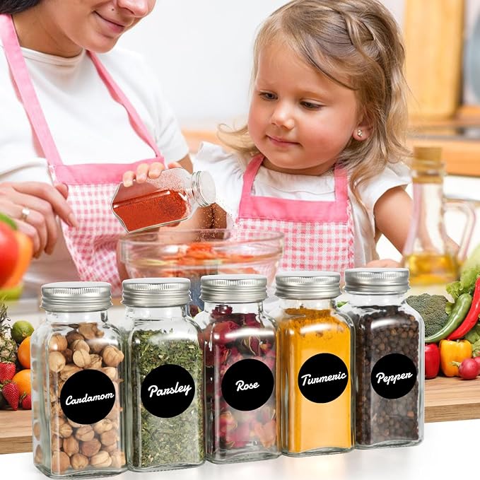 16 Pack 6oz Glass Spice Jars with Shaker Lids,Empty Square Spice Containers | 180ml Seasoning Bottles with 80 Black Labels for Kitchen Storage(Chalk Marker,Funnel and Brush include)