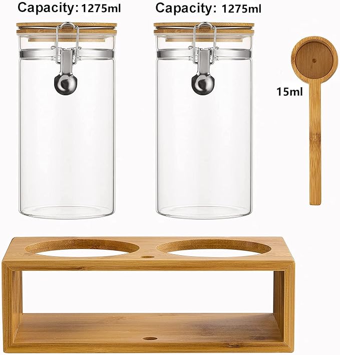 Coffee Container with Shelf: 2P 45OZ Glass Airtight Coffee Holder | Large Capacity Coffee Canister w/Wooden Scoop - Kitchen Food Storage Jar for Ground Coffee/Tea/Sugar/Cereal/Nuts/Coffee Bar