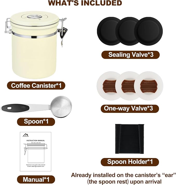 ShanSon Coffee Canister Airtight, Stainless Steel Bean Storage Container with Date Tracker & Scoop, Grounds Sugar Flour Tea Cereal Fits Kitchen Pantry, Ideal Gift for Coffee Lovers,12oz,Beige