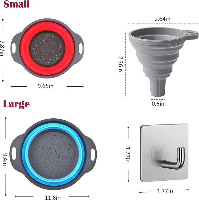 UVB Collapsible Colander Set, Space-Saving Foldable Kitchen Strainer for Pasta, Vegetables & Fruit, Colander for Kitchen with 2 Stainless Steel Hooks & 1 Silicone Funnel – Red