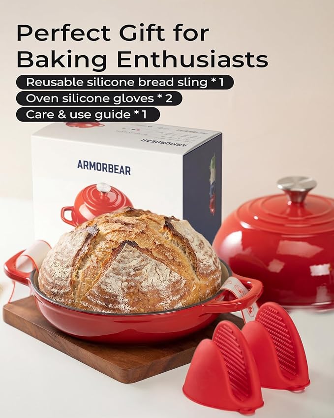 5QT Enameled Cast Iron Sourdough Bread Oven for Homemade, Red | Tight-fitting Dome Lid, Shallow Base Supports Easier Loading & Crisp Sourdough Crusts, Gifts for Sourdough Bakers