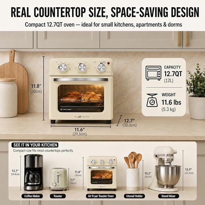 VAL CUCINA 6-in-1 Retro Air Fryer Toaster Oven Combo, Compact 12.7 QT Small Countertop Convection Oven, Fits 9" Pizza & 4 Toast, Hexagon Hybrid Heating, Enamel Baking Pan Included, Almond Yellow Color