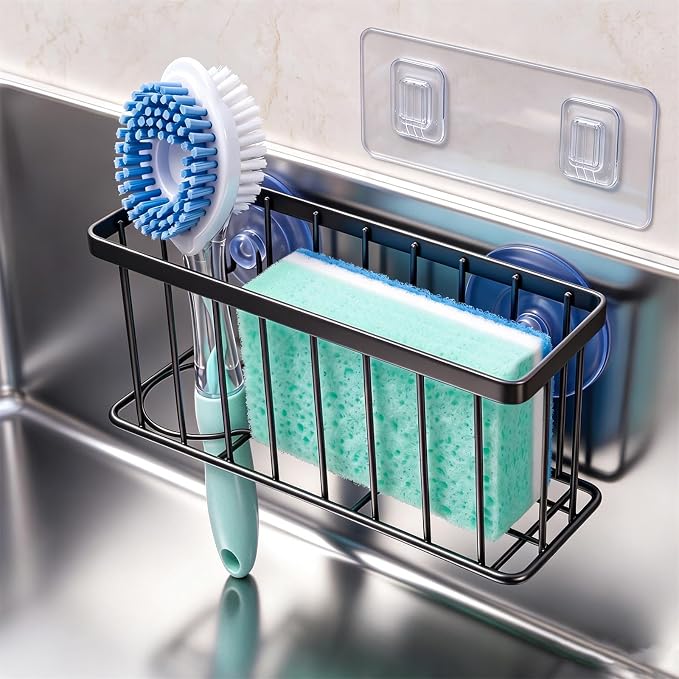 Vanwood Sponge Holder for Kitchen Sink with Strong Suction Cups/Adhesive Strips, Rustproof Compact Size Sink Caddy Organizer for Dish, Sponges, Scrapers, Stoppers (Black)