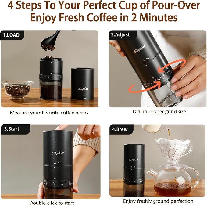 Sigbot Electric Coffee Bean Grinder, Cordless Burr Grinder for Travel | USB-C Rechargeable, Portable, 38 Grind Settings, 420 Stainless Steel Conical Burr, Single Dose for Home Use, Office, Camping