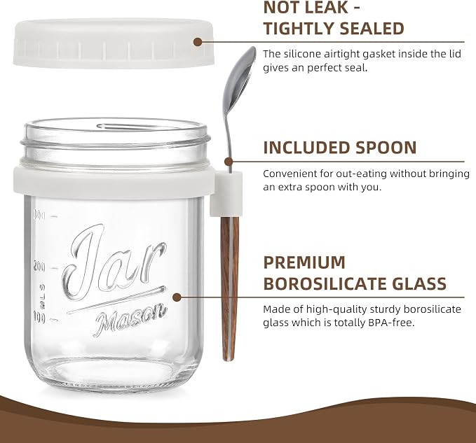 LANDNEOO 4 Pack Overnight Oats Containers with Lids and Spoons, 16 oz Glass Mason Jars with Airtight Lids, Overnight Oats Jars for Milk, Cereal, Fruit-White