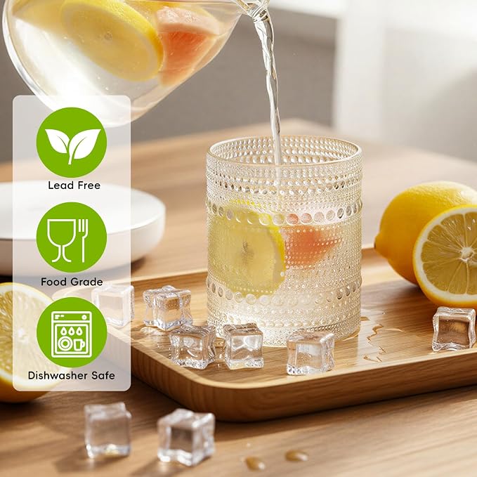 Moretoes Hobnail Drinking Glasses Set of 12 | Cocktail Glasses Vintage Glassware, Textured Glass Cups Bubble Glasses Water Glasses Old Fashion Jupiter Glasses Set (Clear)