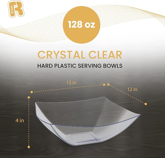 R-kay 6 Pack Extra Large Square Serving Bowl - 128 Ounce Plastic Serving Bowls For Entertaining - Clear Plastic Bowls For Salads And Snacks - Disposable bowls For All Occasions