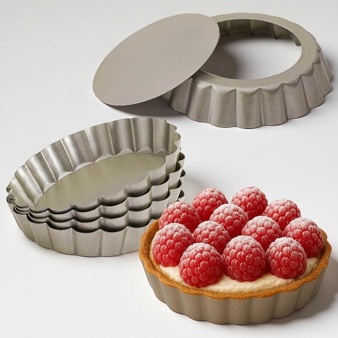 4 Inch Mini Quiche Pans Gold 6 Pack. Egg Tart Molds w/Removable Bottom, Non-Stick Coating, Rugged Carbon Steel for Small Tart Quiche Pie Making. Gift for Women Christmas Thanksgiving Festival