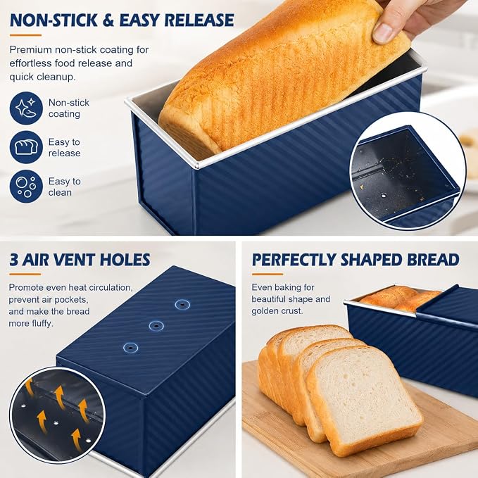 Bread Loaf Pan with Lid-2Pack, 2.2LB & 1LB | Food-Grade Nonstick Coating, Easy Release, Perfect Loaf Shape, Corrugated Design, Oven Safe up to 450°F