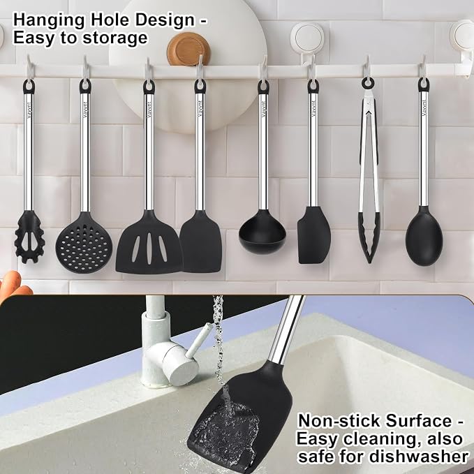 Vayvnt Silicone Cooking Utensil Set, 8-Piece, Heat Resistant to 480℉, Black | Kitchen Utensils with Stainless Steel Handle, Non Toxic, Non-scratch on Nonstick Cookware, Large Long Size, Dishwasher Safe