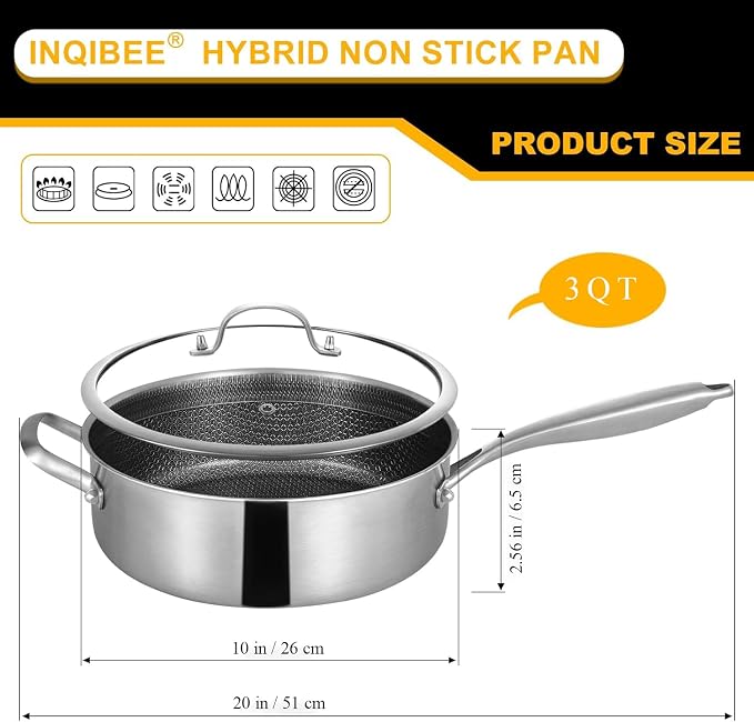 Inqibee 3QT Hybrid Nonstick Stainless Steel Saute Pan with Lid | Honeycomb Tri-ply Stainless Steel Deep Frying Pan, Deep Skillet for Sautéing, Frying & Meals, Induction Compatible, Oven Safe